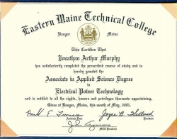 Jonathan's degree in Electrical Power Technology from Eastern Maine Technical College (now Eastern Maine Community College) in 2001.