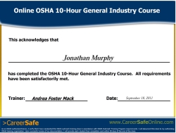 Jonathan's certification for the OSHA General Industry Course.